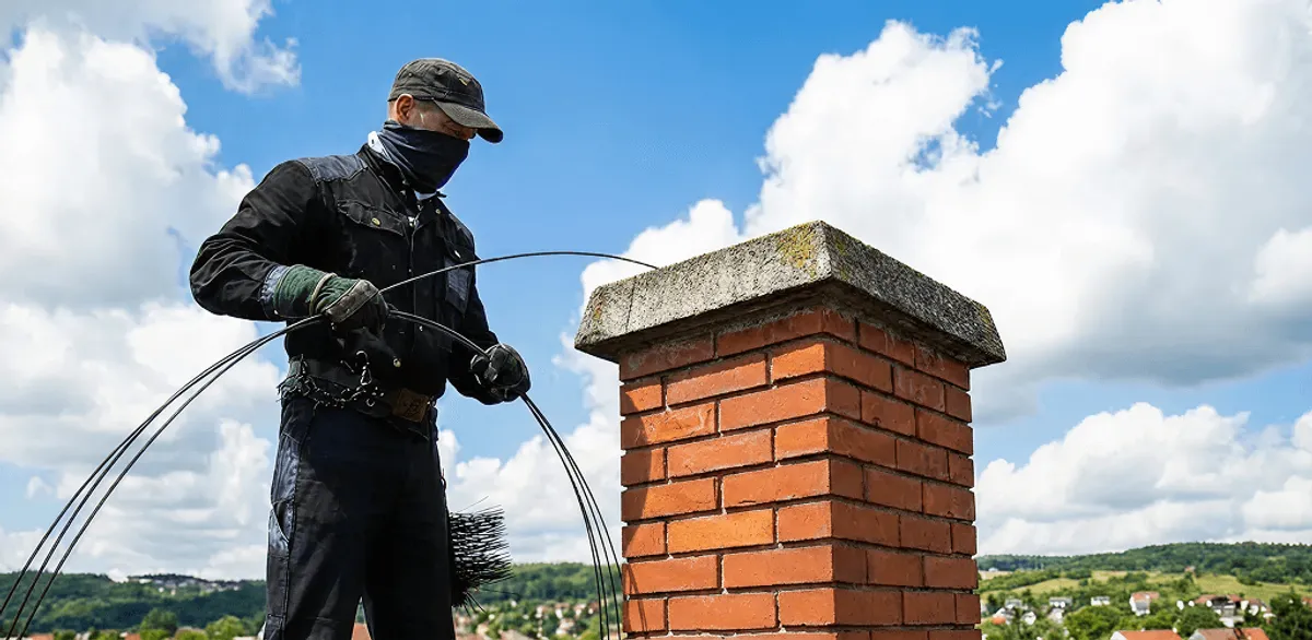Chimney sweep cleaning a brick chimney with professional tools in Kansas City, KS