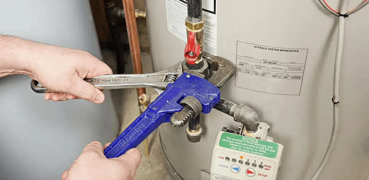 Water heater repair technician tightening the shutoff valve and supply line in Kansas City, KS